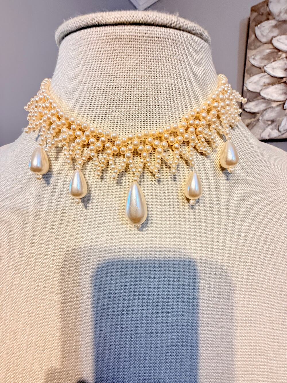 Vintage Faux Pearl Fringe Choker Necklace 13”